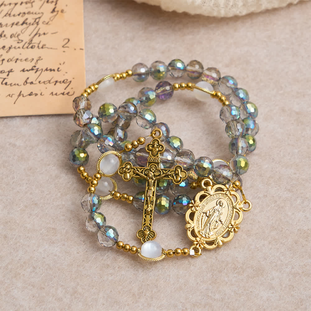 Christianartworkshop Chapelet à perles facettées aux reflets irisés arc-en-ciel avec pendentif doré Notre-Dame - image 4