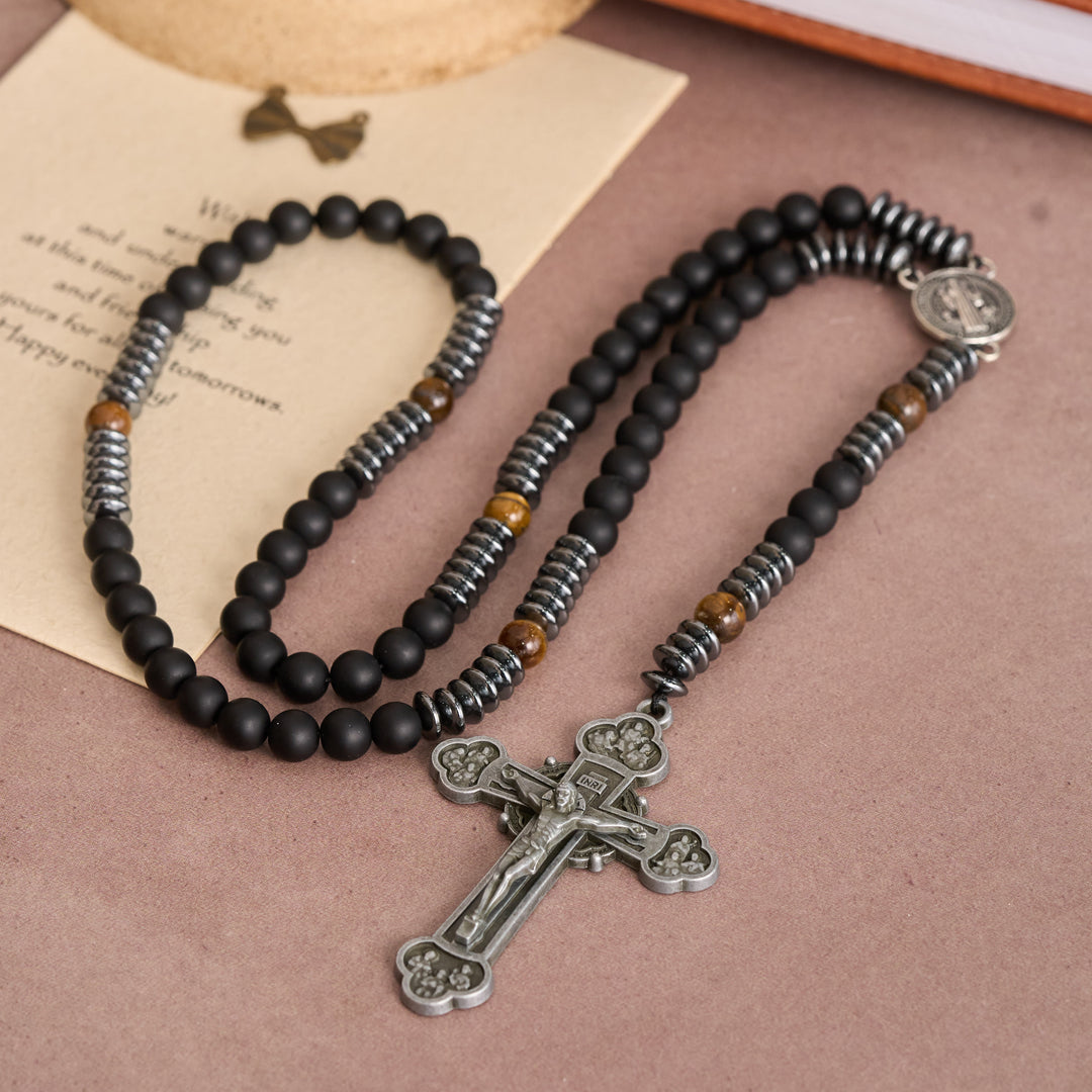 Christianartworkshop Chapelet en verre noir et œil de tigre avec médaille de saint Benoît et croix en étain vintage - Chapelet en verre noir et œil de tigre - image 0