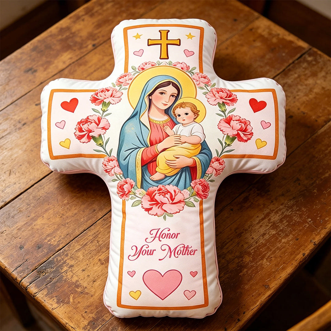 Christianartworkshop Coussin croix Madonna à motif de cœur floral : Coussin décoratif chaleureux inspiré par la foi - image 2