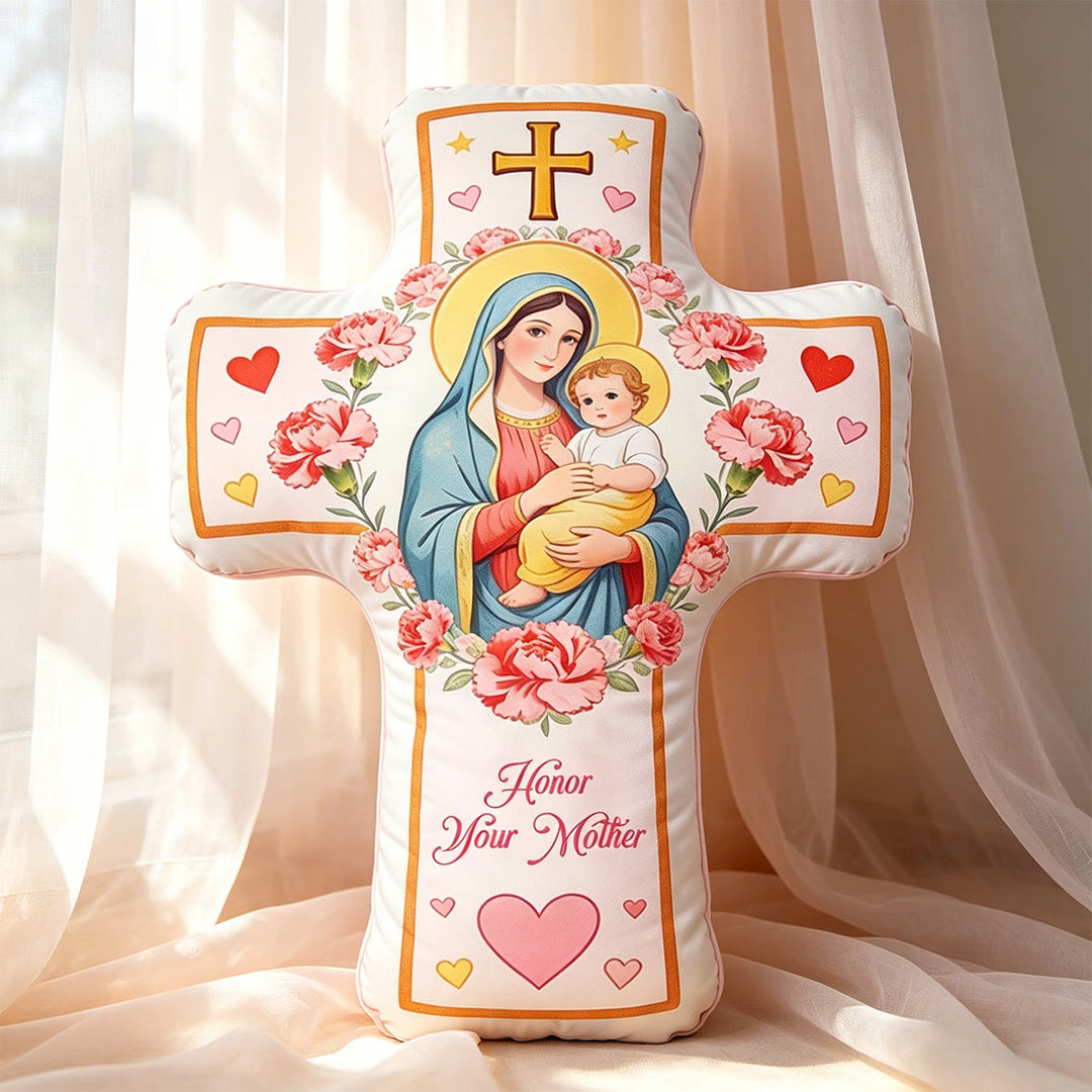 Christianartworkshop Coussin croix Madonna à motif de cœur floral : Coussin décoratif chaleureux inspiré par la foi - 24" (60 cm) - image 0
