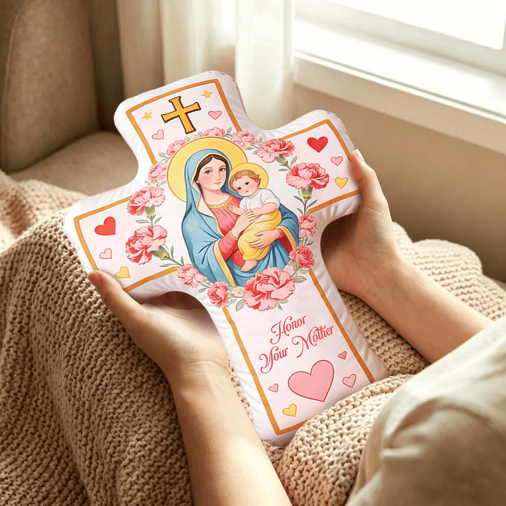 Christianartworkshop Coussin croix Madonna à motif de cœur floral : Coussin décoratif chaleureux inspiré par la foi - image 3