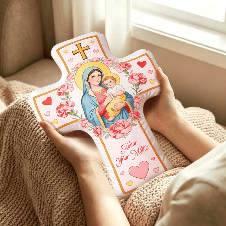 Christianartworkshop Coussin croix Madonna à motif de cœur floral : Coussin décoratif chaleureux inspiré par la foi - image 3