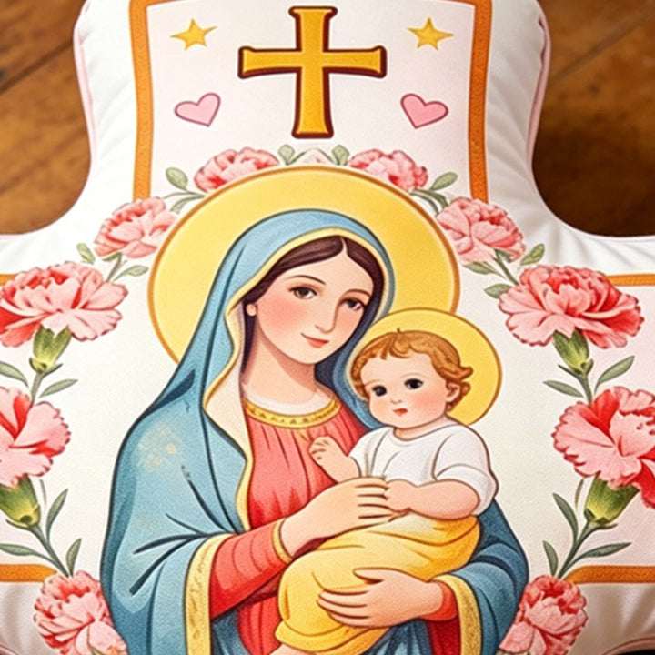 Christianartworkshop Coussin croix Madonna à motif de cœur floral : Coussin décoratif chaleureux inspiré par la foi - image 4