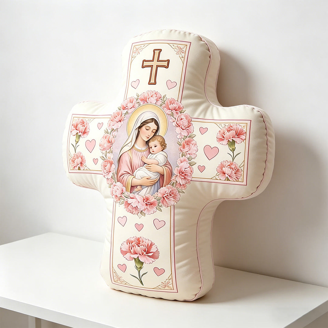Christianartworkshop Coussin en forme de croix fleurie représentant Notre-Dame et l'Enfant Jésus : Symbole sacré de tendre amour maternel et de grâce éternelle - image 1