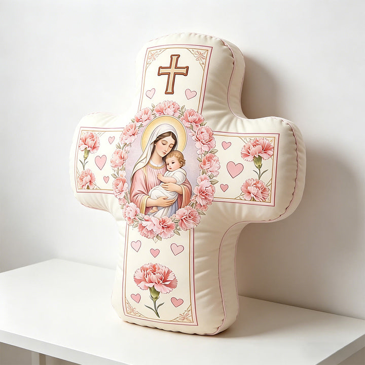 Christianartworkshop Coussin en forme de croix fleurie représentant Notre-Dame et l'Enfant Jésus : Symbole sacré de tendre amour maternel et de grâce éternelle - image 1