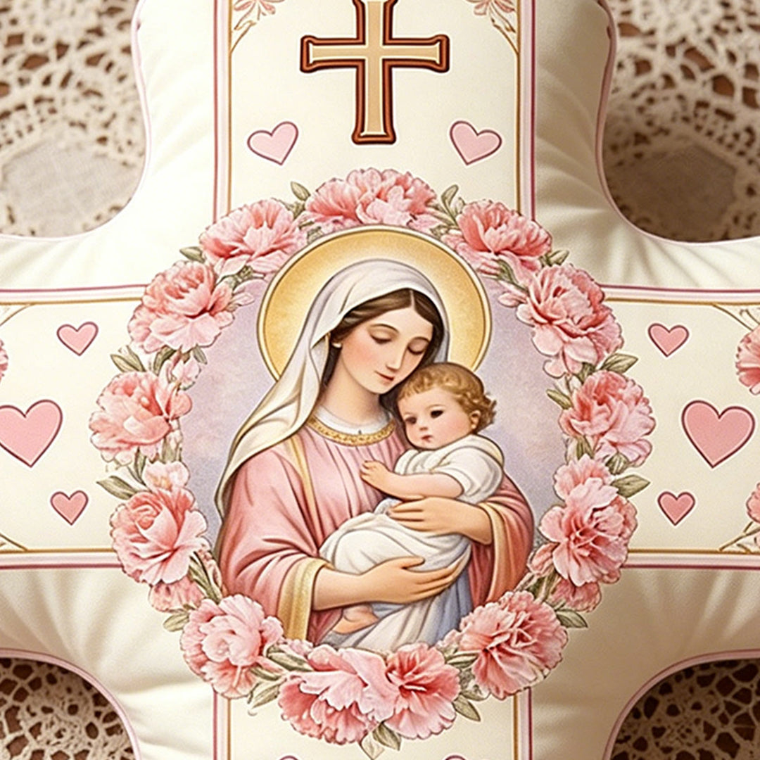 Christianartworkshop Coussin en forme de croix fleurie représentant Notre-Dame et l'Enfant Jésus : Symbole sacré de tendre amour maternel et de grâce éternelle - image 2