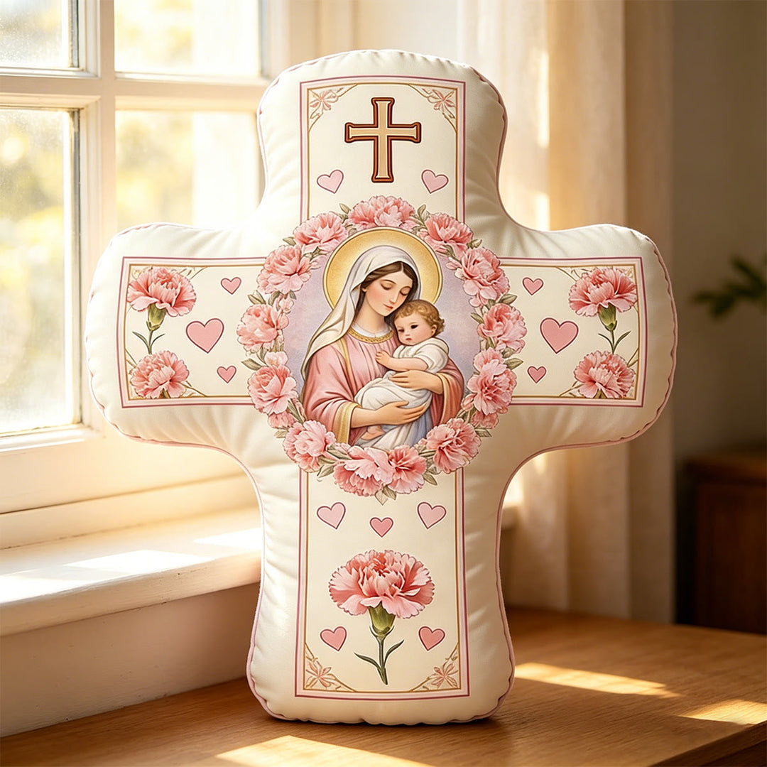 Christianartworkshop Coussin en forme de croix fleurie représentant Notre-Dame et l'Enfant Jésus : Symbole sacré de tendre amour maternel et de grâce éternelle - image 3