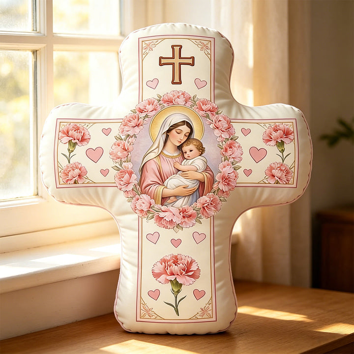 Christianartworkshop Coussin en forme de croix fleurie représentant Notre-Dame et l'Enfant Jésus : Symbole sacré de tendre amour maternel et de grâce éternelle - image 3