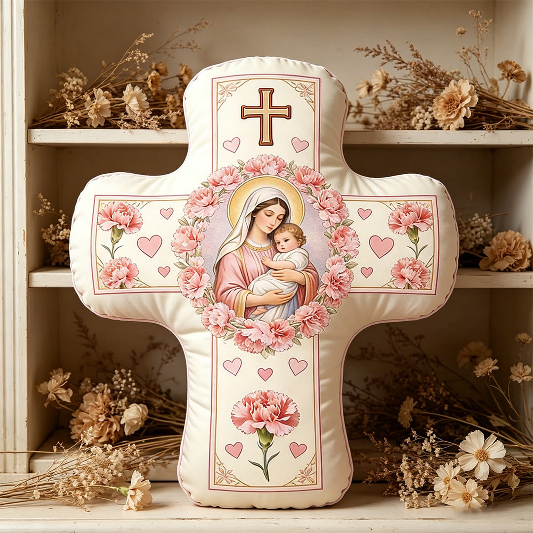 Christianartworkshop Coussin en forme de croix fleurie représentant Notre-Dame et l'Enfant Jésus : Symbole sacré de tendre amour maternel et de grâce éternelle - 24" (60 cm) - image 0