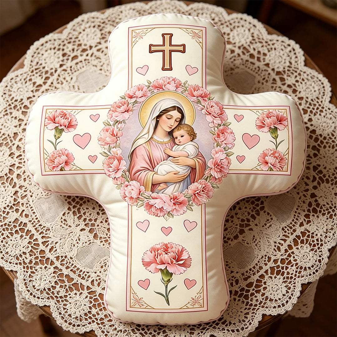 Christianartworkshop Coussin en forme de croix fleurie représentant Notre-Dame et l'Enfant Jésus : Symbole sacré de tendre amour maternel et de grâce éternelle - image 5