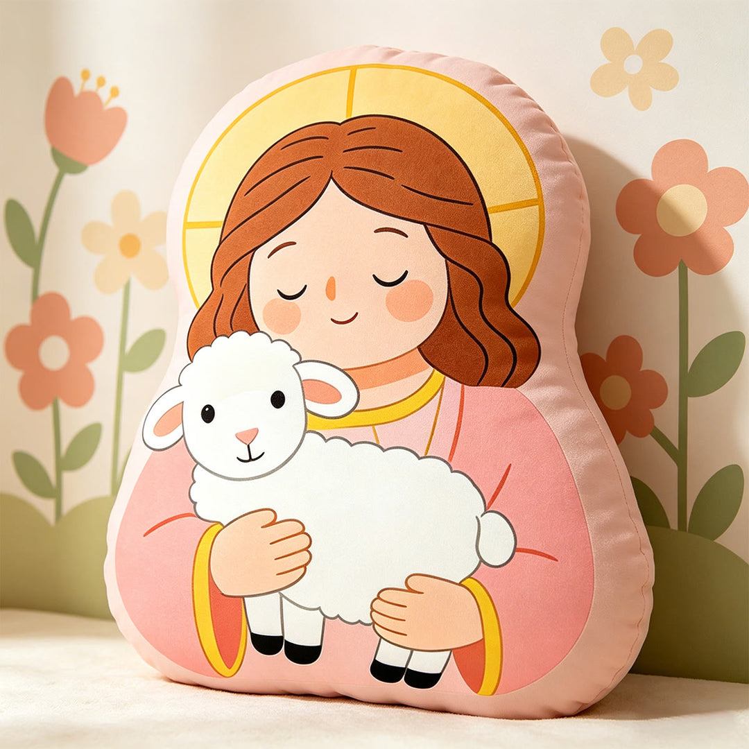 Christianartworkshop Coussin Halo Notre-Dame tenant l'agneau : emblème de tendresse maternelle et de douce bénédiction - image 2