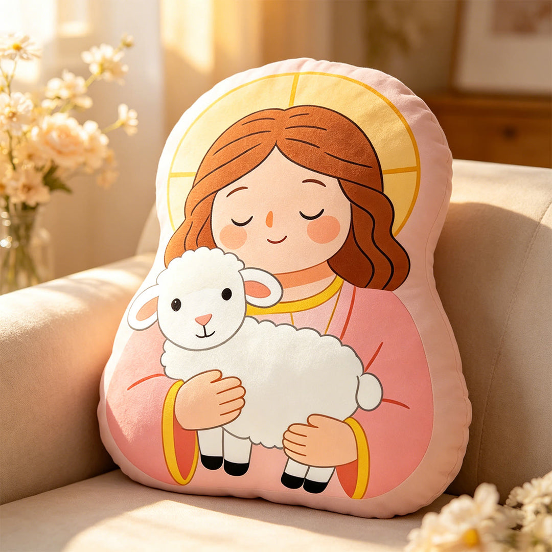 Christianartworkshop Coussin Halo Notre-Dame tenant l'agneau : emblème de tendresse maternelle et de douce bénédiction - 24" (60 cm) - Rose - image 0