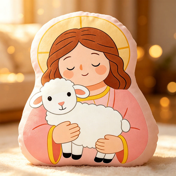 Christianartworkshop Coussin Halo Notre-Dame tenant l'agneau : emblème de tendresse maternelle et de douce bénédiction - image 4