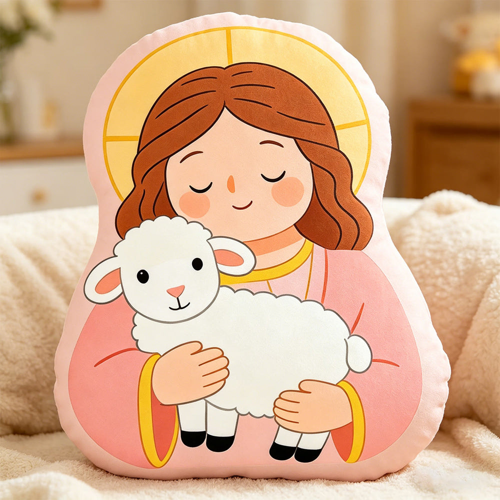 Christianartworkshop Coussin Halo Notre-Dame tenant l'agneau : emblème de tendresse maternelle et de douce bénédiction - image 1