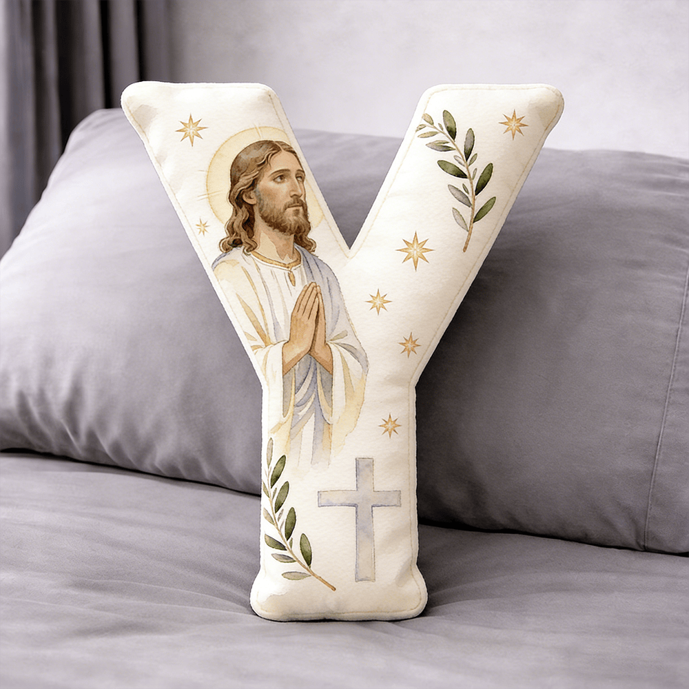 Christianartworkshop Coussin en forme de lettre avec croix de Jésus en prière : emblème de prière fervente et de foi intemporelle - 24" (60 cm) - Y - image 24