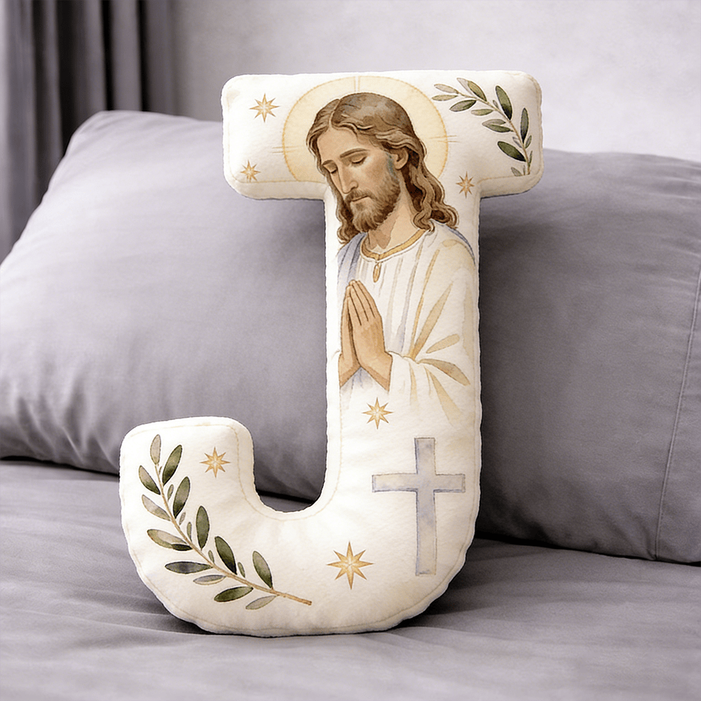 Christianartworkshop Coussin en forme de lettre avec croix de Jésus en prière : emblème de prière fervente et de foi intemporelle - 24" (60 cm) - J - image 0