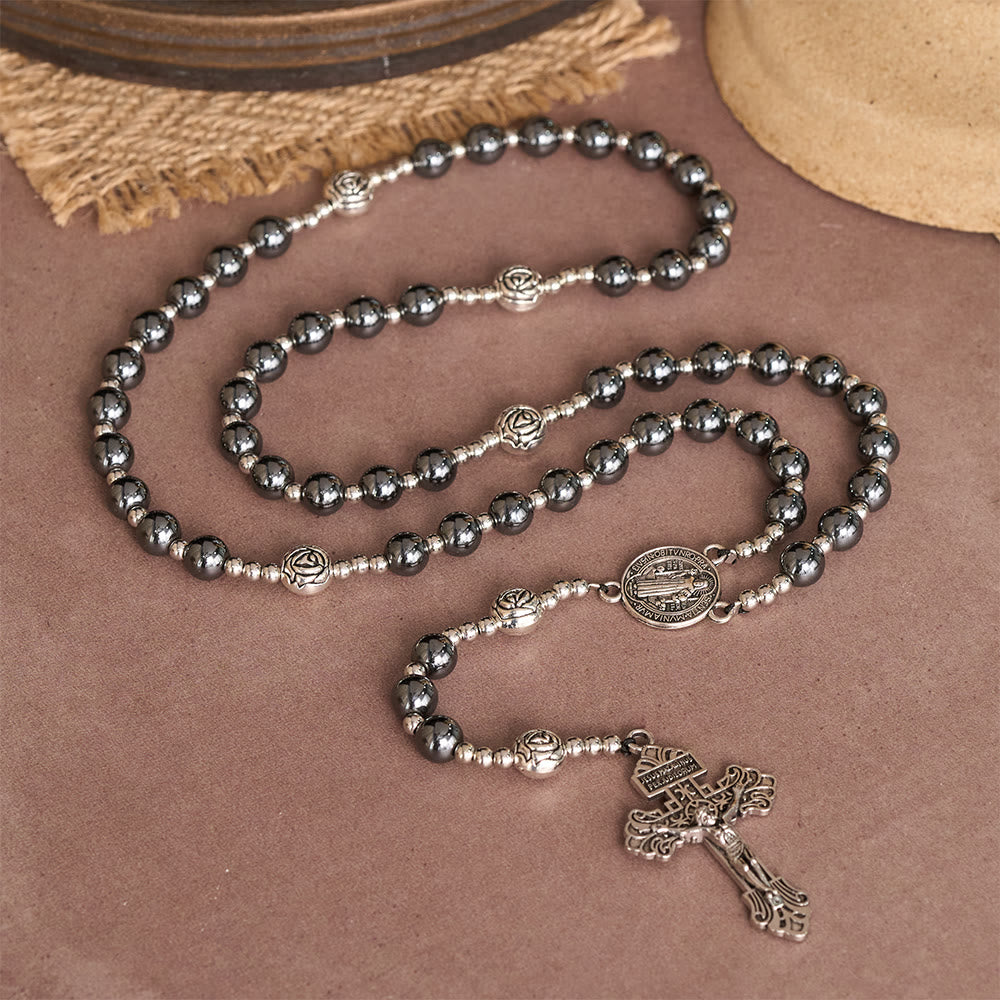 Christianartworkshop Chapelet en hématite avec perles roses, médaille de saint Benoît et crucifix détaillé - image 2