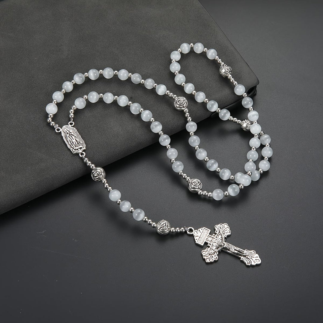 Christianartworkshop Chapelet en pierre œil-de-chat blanche lumineuse avec médaille de Notre-Dame et crucifix orné - Chapelet en pierre œil-de-chat blanc - image 0
