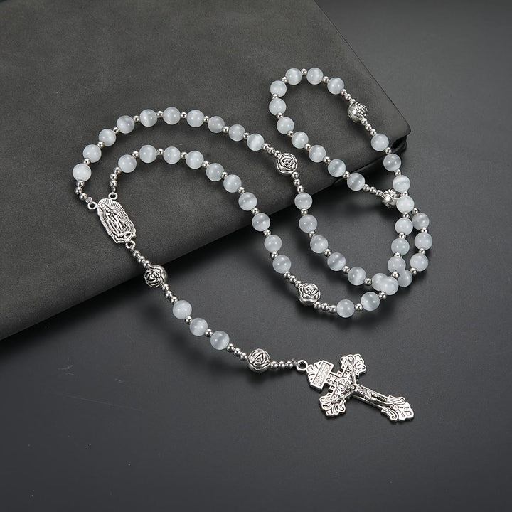 Christianartworkshop Chapelet en pierre œil-de-chat blanche lumineuse avec médaille de Notre-Dame et crucifix orné - Chapelet en pierre œil-de-chat blanc - image 0