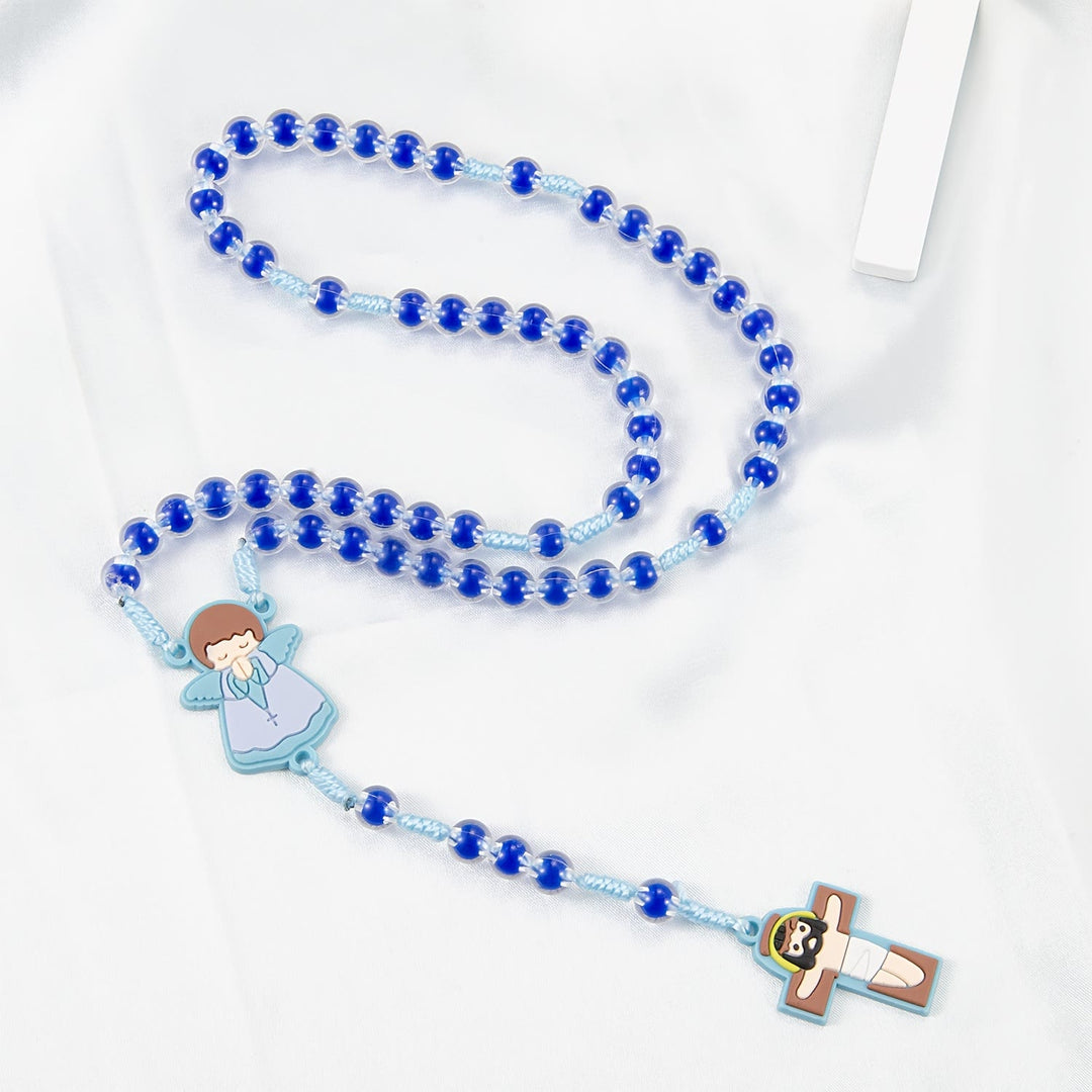 Christianartworkshop Chapelet pour enfants avec motif dessin animé : médaille d’ange et pendentif croix de Jésus mignon (rose/bleu) - image 3