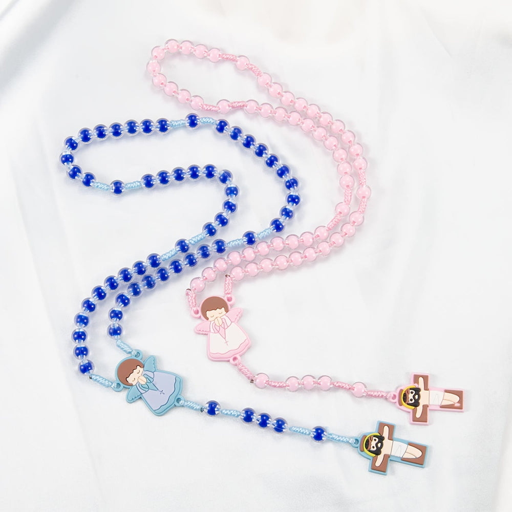 Christianartworkshop Chapelet pour enfants avec motif dessin animé : médaille d’ange et pendentif croix de Jésus mignon (rose/bleu) - image 1