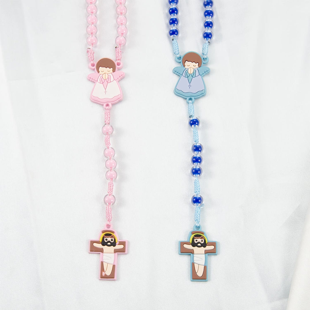 Christianartworkshop Chapelet pour enfants avec motif dessin animé : médaille d’ange et pendentif croix de Jésus mignon (rose/bleu) - image 2