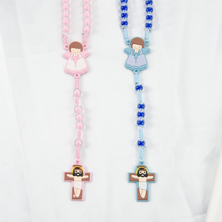 Christianartworkshop Chapelet pour enfants avec motif dessin animé : médaille d’ange et pendentif croix de Jésus mignon (rose/bleu) - image 2