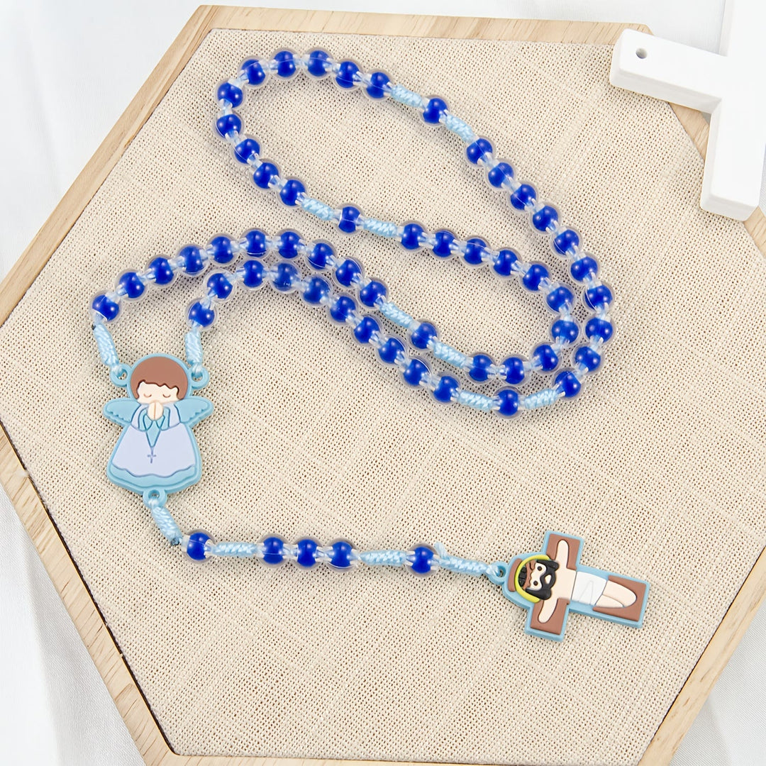 Christianartworkshop Chapelet pour enfants avec motif dessin animé : médaille d’ange et pendentif croix de Jésus mignon (rose/bleu) - Bleu - image 0