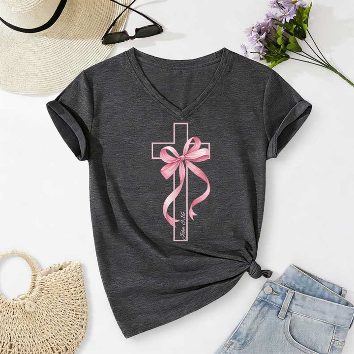 Christianartworkshop T-shirt décontracté à col en V avec motif croix et nœud rose - Gris foncé - 2XL - image 20