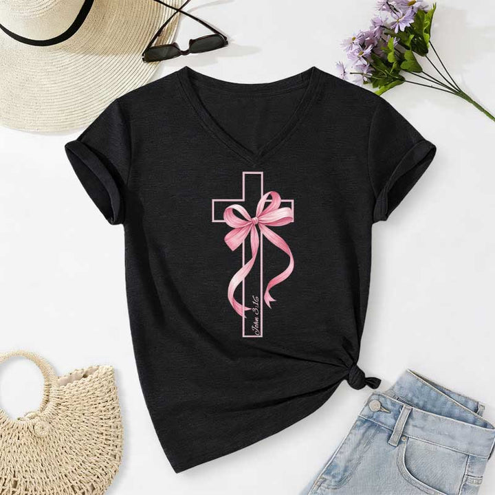 Christianartworkshop T-shirt décontracté à col en V avec motif croix et nœud rose - Noir - 2XL - image 14