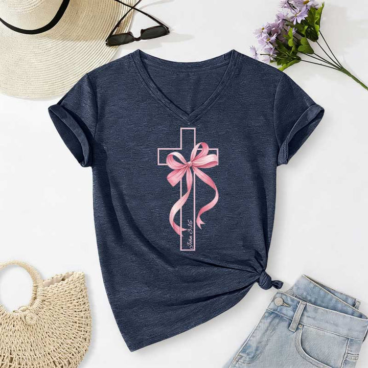 Christianartworkshop T-shirt décontracté à col en V avec motif croix et nœud rose - Bleu marine - 2XL - image 18