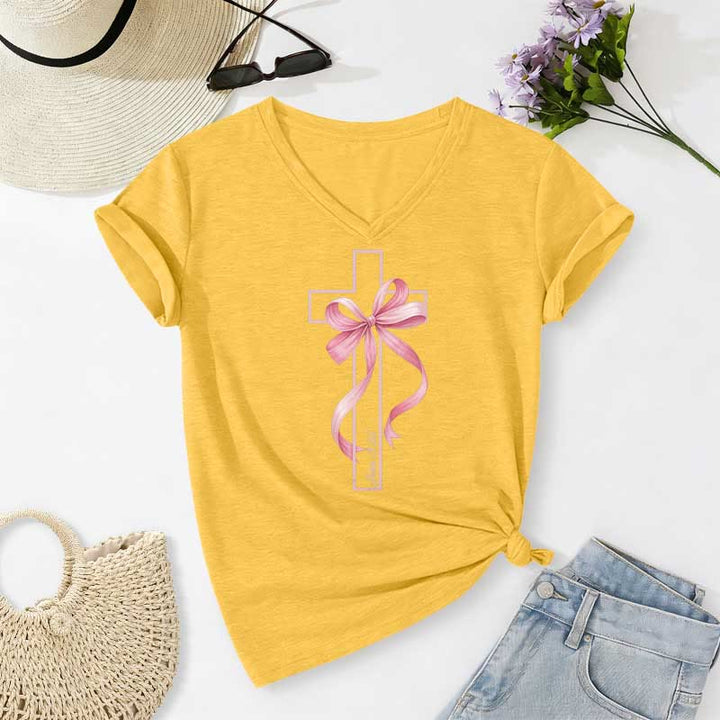 Christianartworkshop T-shirt décontracté à col en V avec motif croix et nœud rose - Jaune - 2XL - image 8