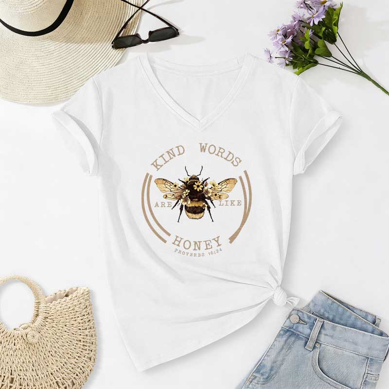 Christianartworkshop Les paroles bienveillantes sont comme le miel Proverbes 16:24 T-shirt décontracté à col en V avec motif abeille - Blanc - 2XL - image 4