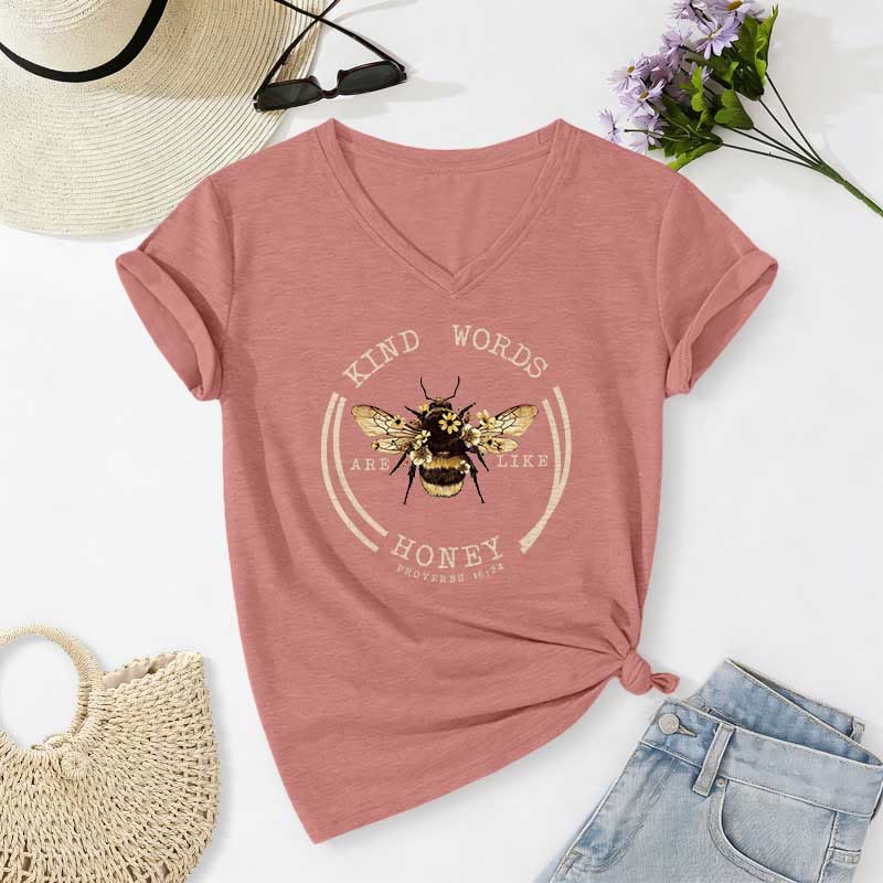 Christianartworkshop Les paroles bienveillantes sont comme le miel Proverbes 16:24 T-shirt décontracté à col en V avec motif abeille - Rose clair - 2XL - image 10