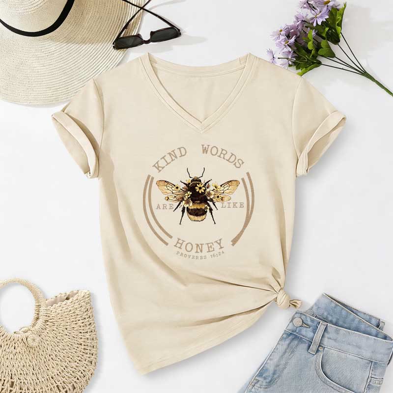 Christianartworkshop Les paroles bienveillantes sont comme le miel Proverbes 16:24 T-shirt décontracté à col en V avec motif abeille - Beige - 2XL - image 0