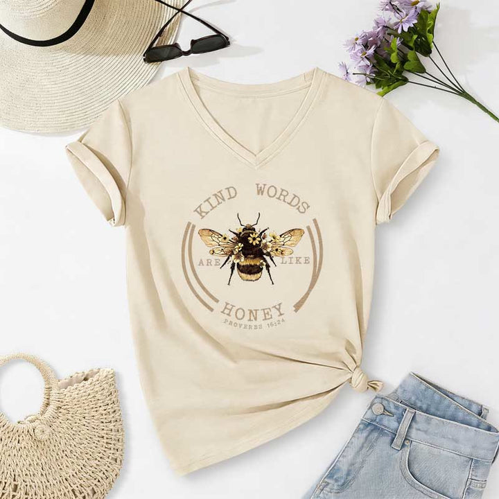 Christianartworkshop Les paroles bienveillantes sont comme le miel Proverbes 16:24 T-shirt décontracté à col en V avec motif abeille - Beige - 2XL - image 0
