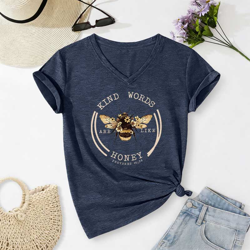 Christianartworkshop Les paroles bienveillantes sont comme le miel Proverbes 16:24 T-shirt décontracté à col en V avec motif abeille - Bleu marine - 2XL - image 18