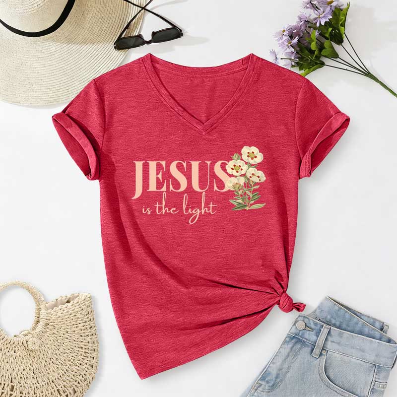 Christianartworkshop T-shirt décontracté à col en V à motif floral « Jésus est la lumière » - Rouge - 2XL - image 24