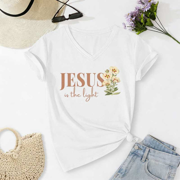 Christianartworkshop T-shirt décontracté à col en V à motif floral « Jésus est la lumière » - Blanc - 2XL - image 4