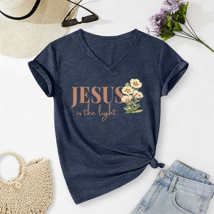 Christianartworkshop T-shirt décontracté à col en V à motif floral « Jésus est la lumière » - Bleu marine - 2XL - image 20