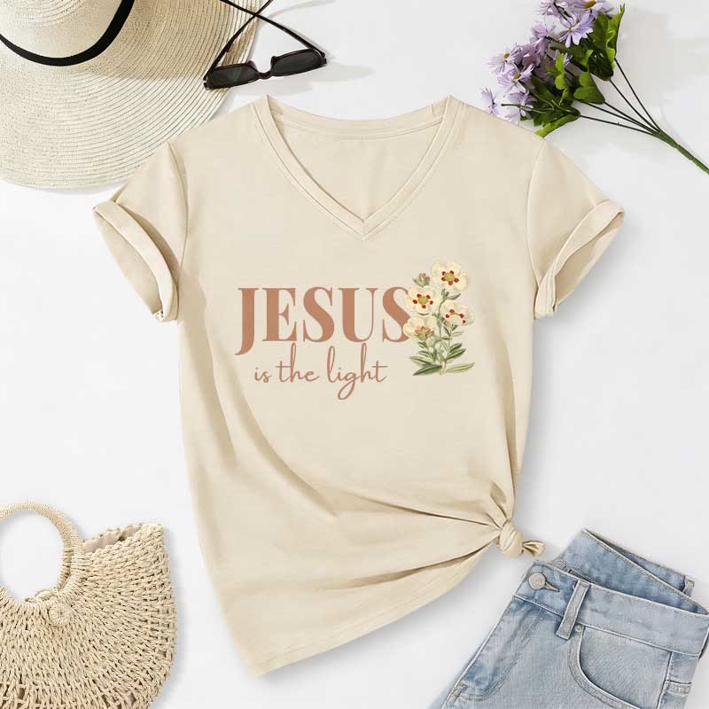 Christianartworkshop T-shirt décontracté à col en V à motif floral « Jésus est la lumière » - Beige - 2XL - image 6