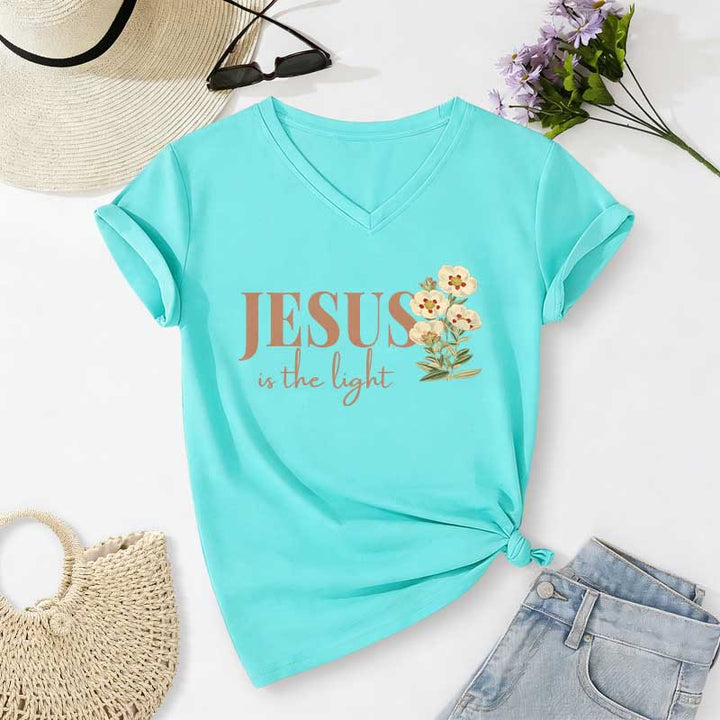 Christianartworkshop T-shirt décontracté à col en V à motif floral « Jésus est la lumière » - Bleu ciel - 2XL - image 10