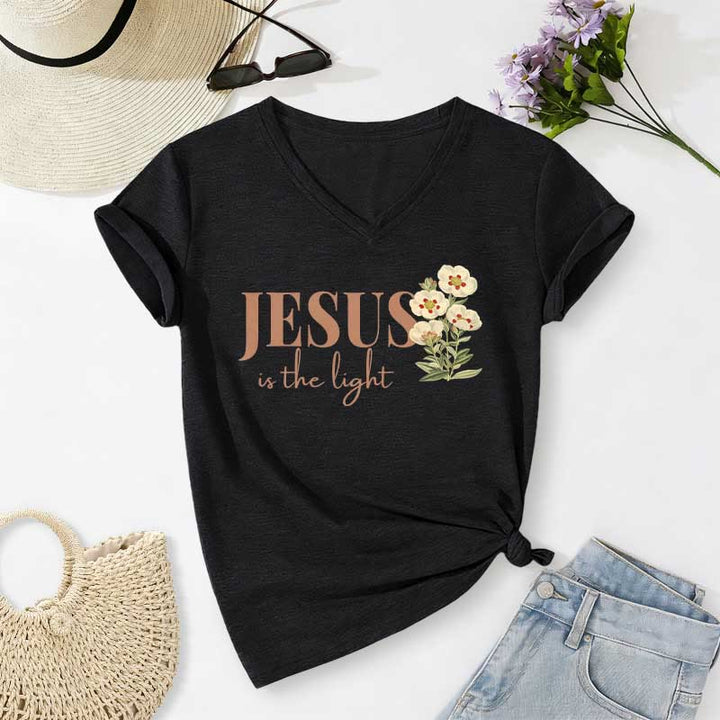 Christianartworkshop T-shirt décontracté à col en V à motif floral « Jésus est la lumière » - Noir - 2XL - image 14