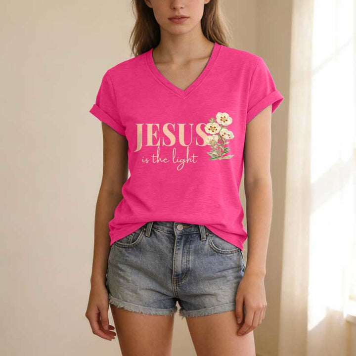 Christianartworkshop T-shirt décontracté à col en V à motif floral « Jésus est la lumière » - image 1