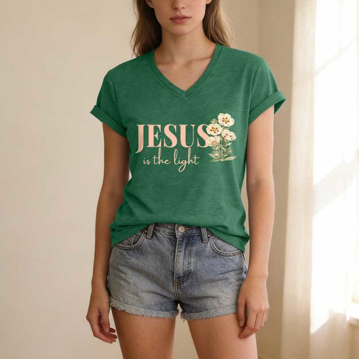 Christianartworkshop T-shirt décontracté à col en V à motif floral « Jésus est la lumière » - image 17