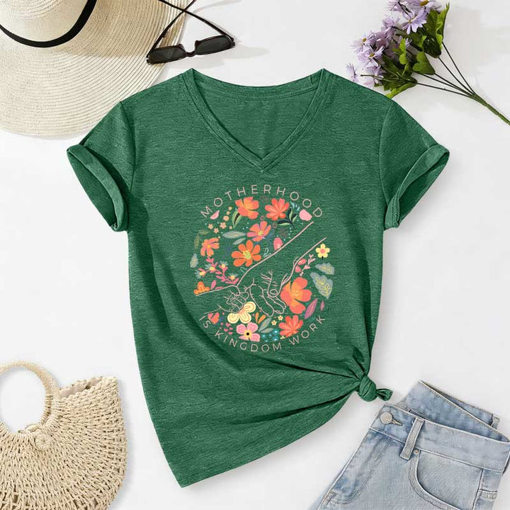 Christianartworkshop T-shirt décontracté à col en V « La maternité est un royaume » avec motif floral fait main - Vert foncé - 2XL - image 14
