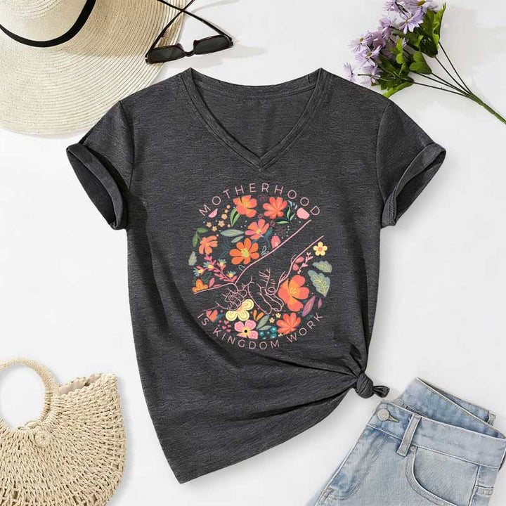 Christianartworkshop T-shirt décontracté à col en V « La maternité est un royaume » avec motif floral fait main - Gris foncé - 2XL - image 20