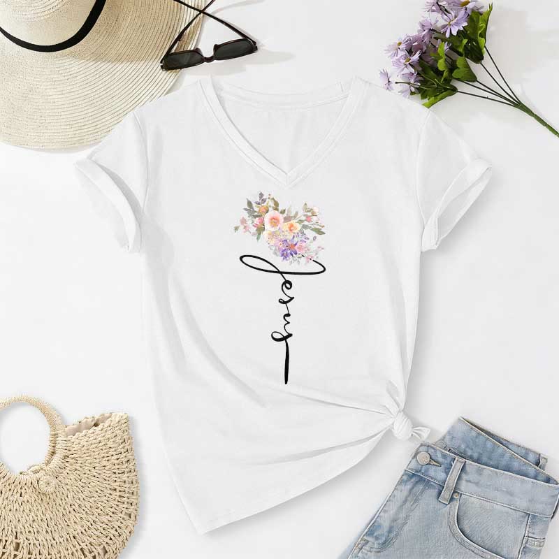 Christianartworkshop T-shirt décontracté à col en V avec motif floral et inscription cursive Jésus - Blanc - 2XL - image 2