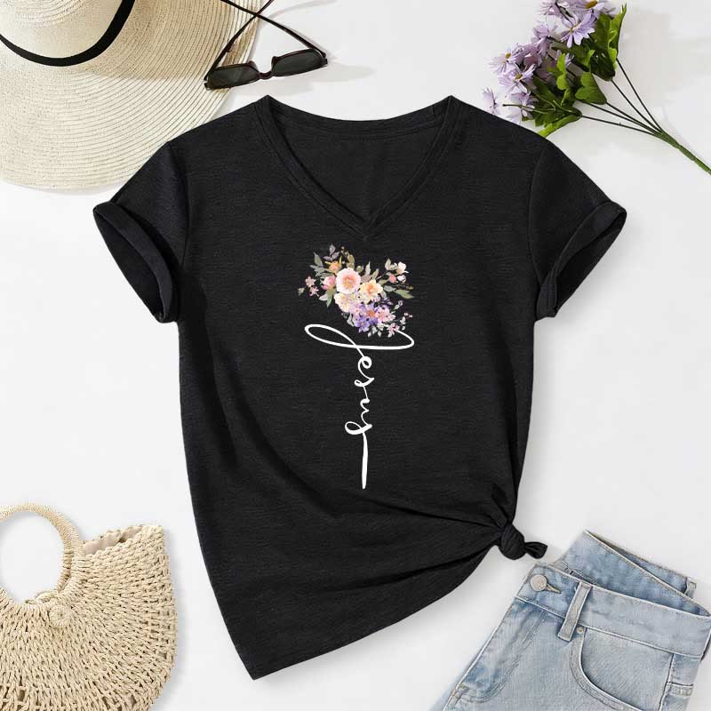 Christianartworkshop T-shirt décontracté à col en V avec motif floral et inscription cursive Jésus - Noir - 2XL - image 12