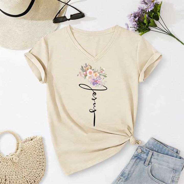 Christianartworkshop T-shirt décontracté à col en V avec motif floral et inscription cursive Jésus - Beige - 2XL - image 4